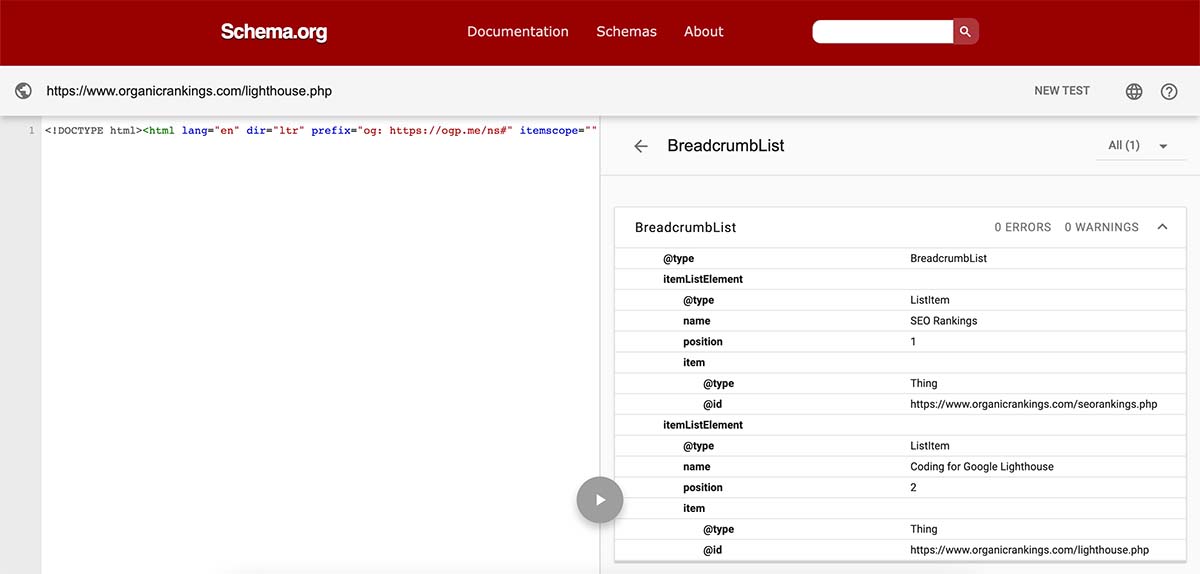 Schema test for Breadcrumbs